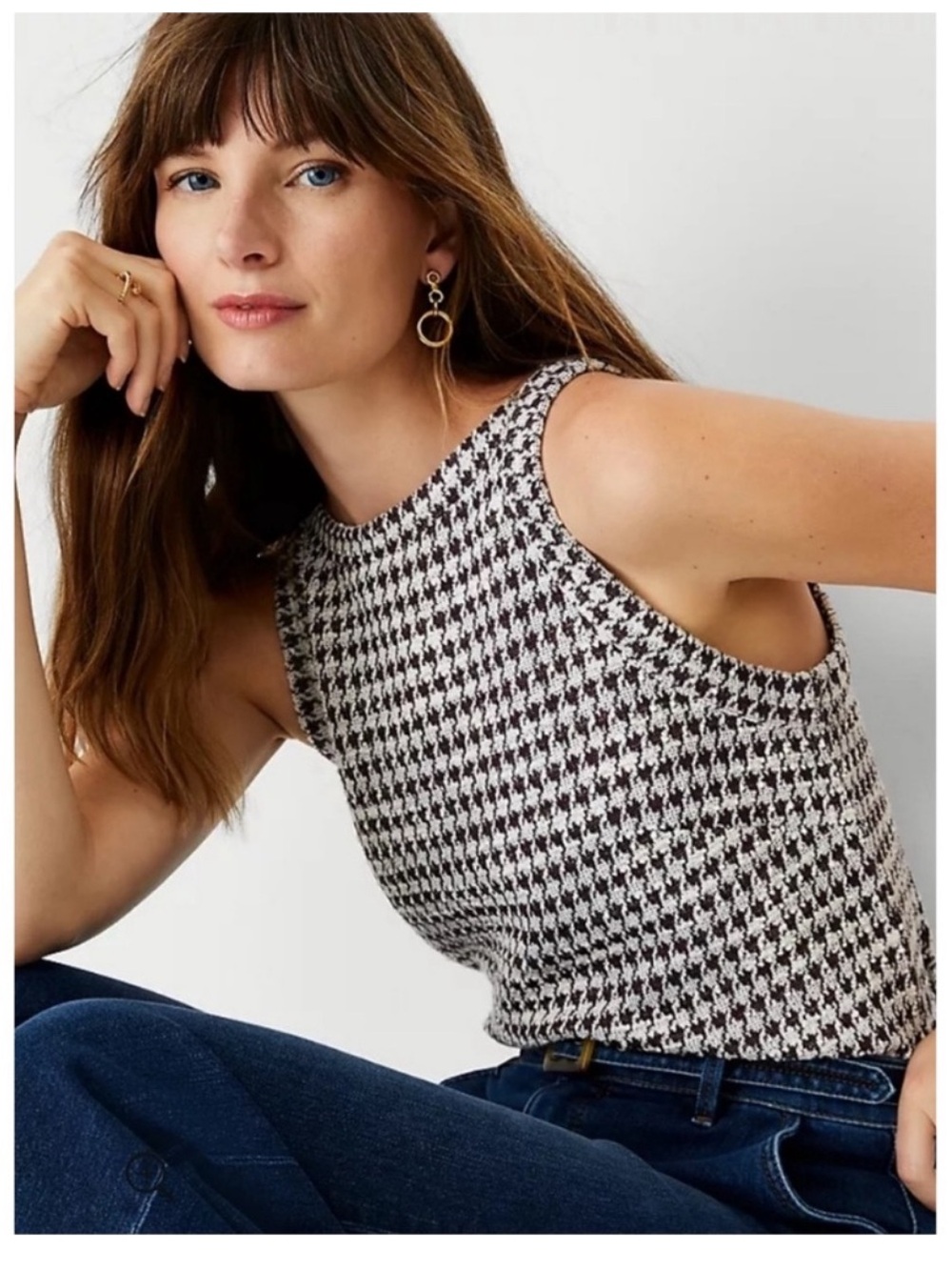 Ann Taylor Purple & White Houndstooth Knit Tank Top size M